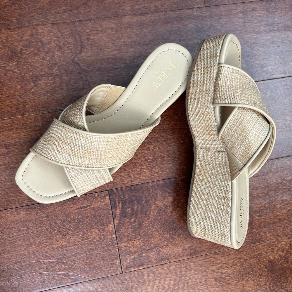J. Crew Factory Crisscross Flatform Wedges in Dark Natural Raffia, Size 9